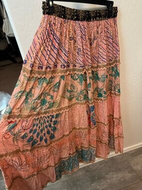 Bohemian Pink Floral Tiered Maxi Skirt with Teal Accents with Top